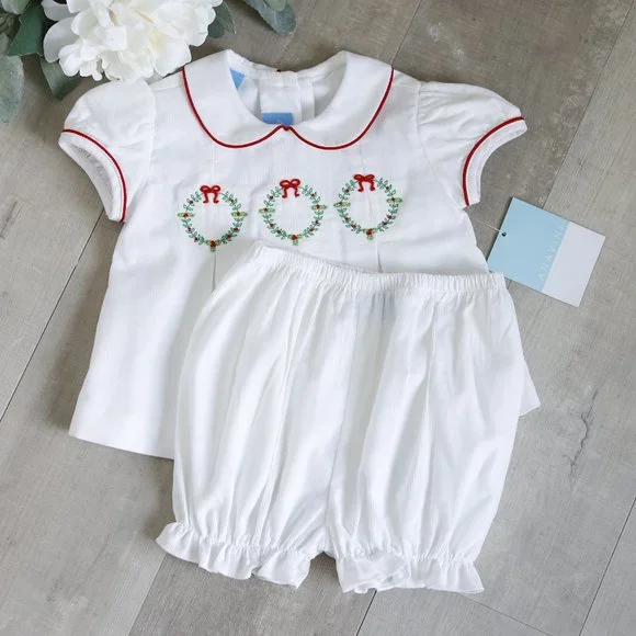 Girl's White Corduroy Bloomer Set Red and Green Embroidery Boutique NWT